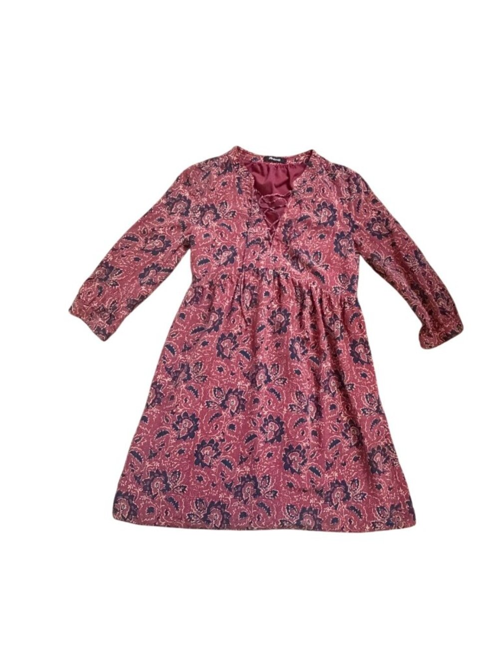 Madewell Silk Lace-Up Babydoll Dress Assam Floral Red Blue-XS-GUC